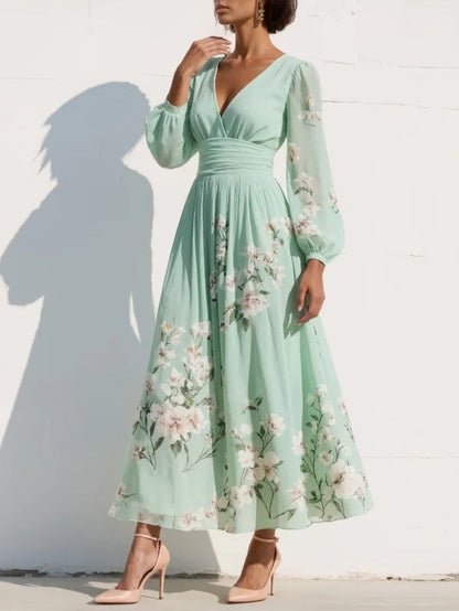 Women's chiffon floral V-neck midi dress with balloon sleeves