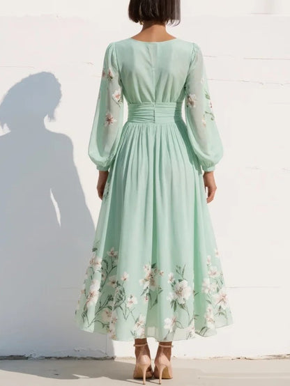 Women's chiffon floral V-neck midi dress with balloon sleeves