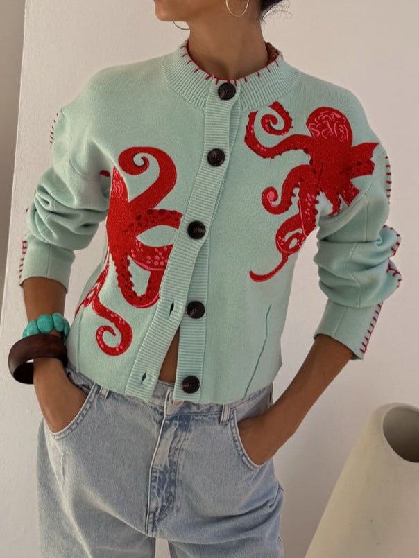 Women's octopus graphic knit cardigan - front