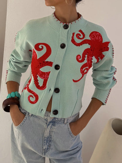 Women's octopus graphic knit cardigan - front