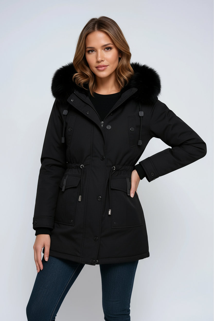Women's parka coat with a faux fur hood and cinched waist for winter