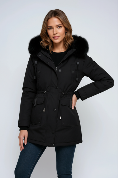 Women's parka coat with a faux fur hood and cinched waist for winter