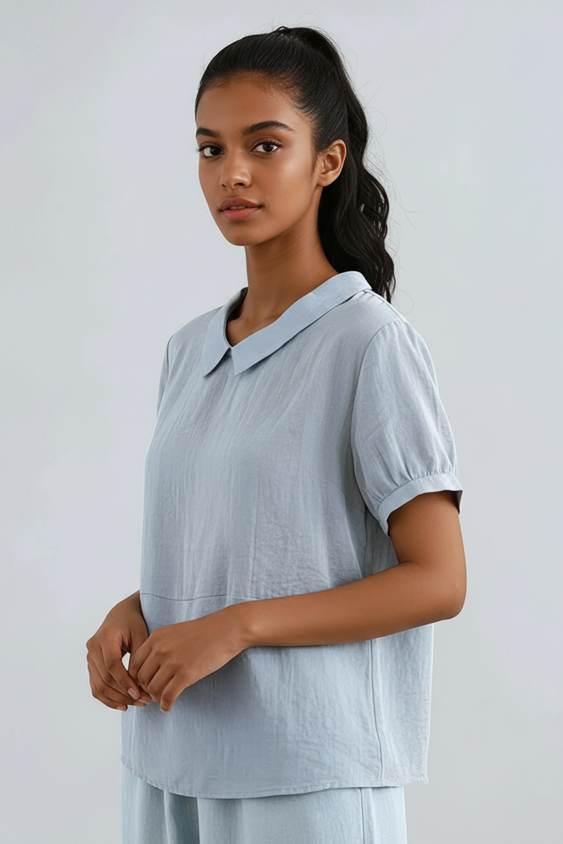 Women's cotton Peter Pan collar blouse with short sleeves