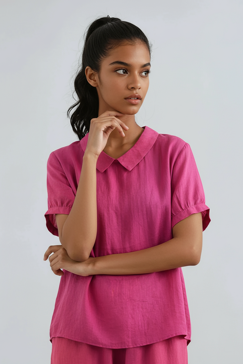 Women's cotton Peter Pan collar blouse with short sleeves