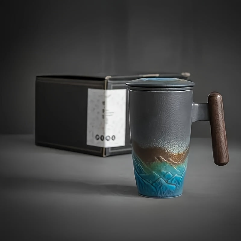 Handmade ceramic tea cup with strainer lid and wooden handle