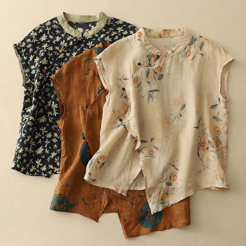 Women's sleeveless floral mandarin-collar top