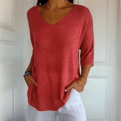 Women's V-Neck Jumper – Loose Three-Quarter Sleeve Knit