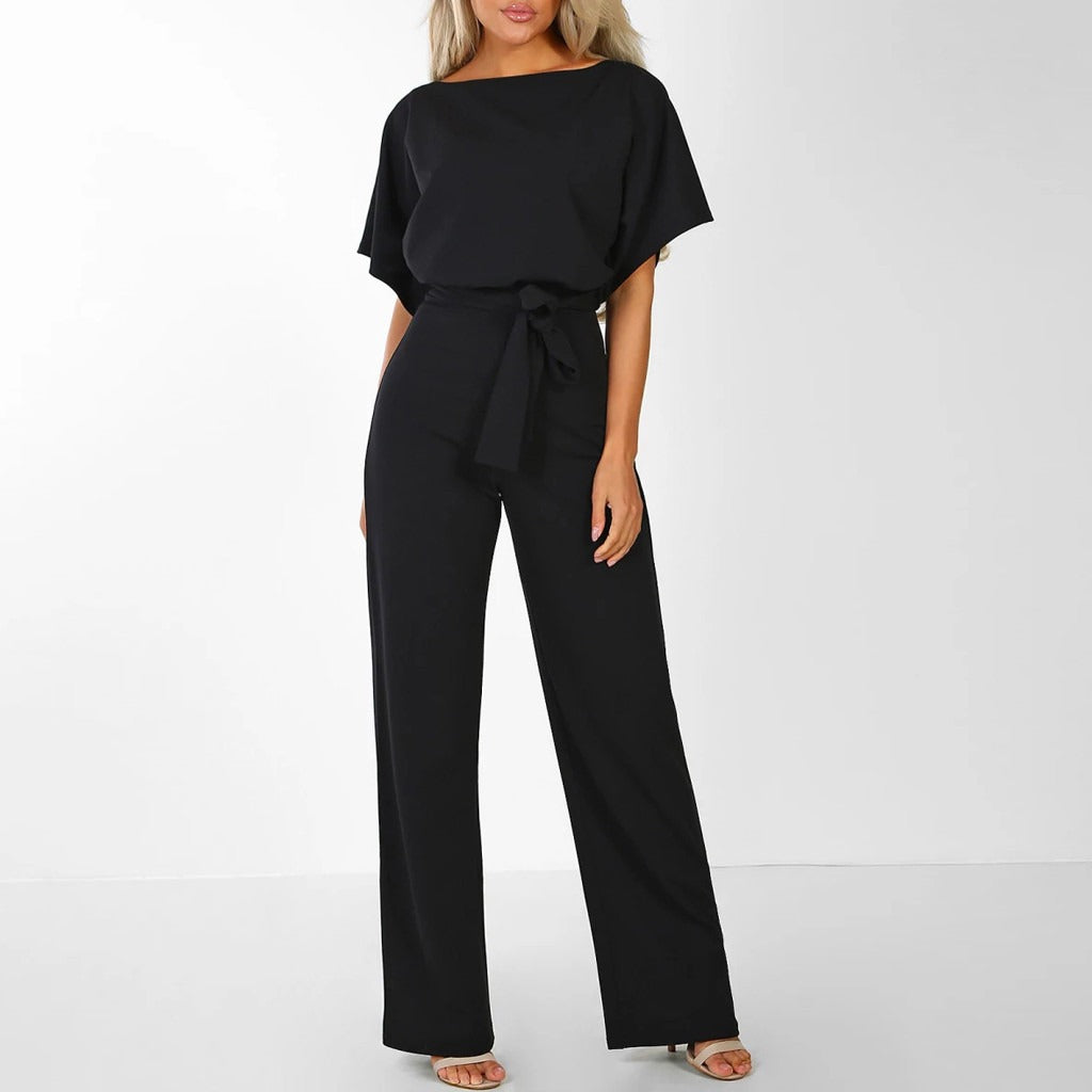 Women's belted wide-leg elegant jumpsuit