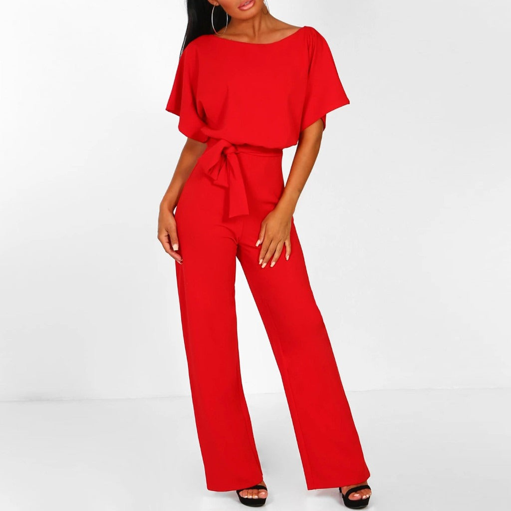 Women's belted wide-leg elegant jumpsuit
