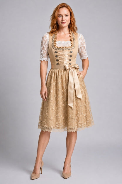 Women's champagne beige lace-up bodice dirndl Oktoberfest dress