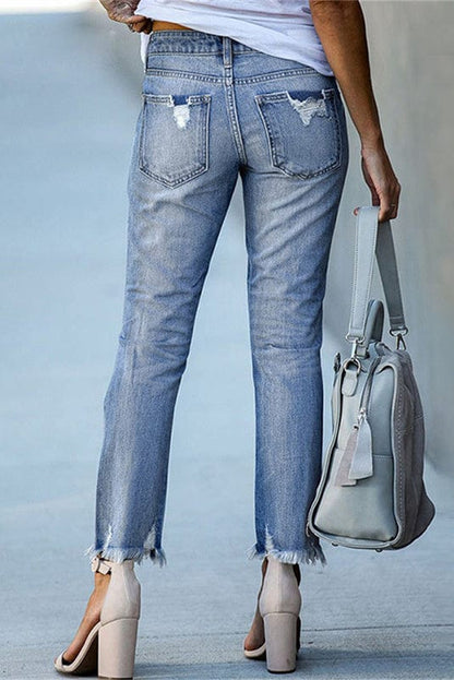 Women's Distressed Straight-Leg Jeans – Raw Hem Denim