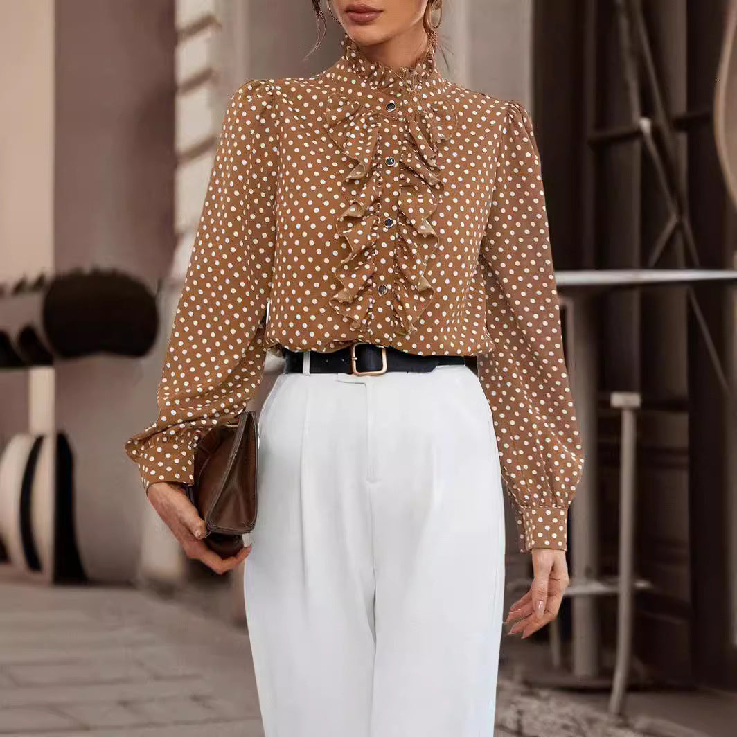 Women's brown high-neck blouse with ruffle front and long sleeves