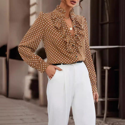 Women's brown high-neck blouse with ruffle front and long sleeves