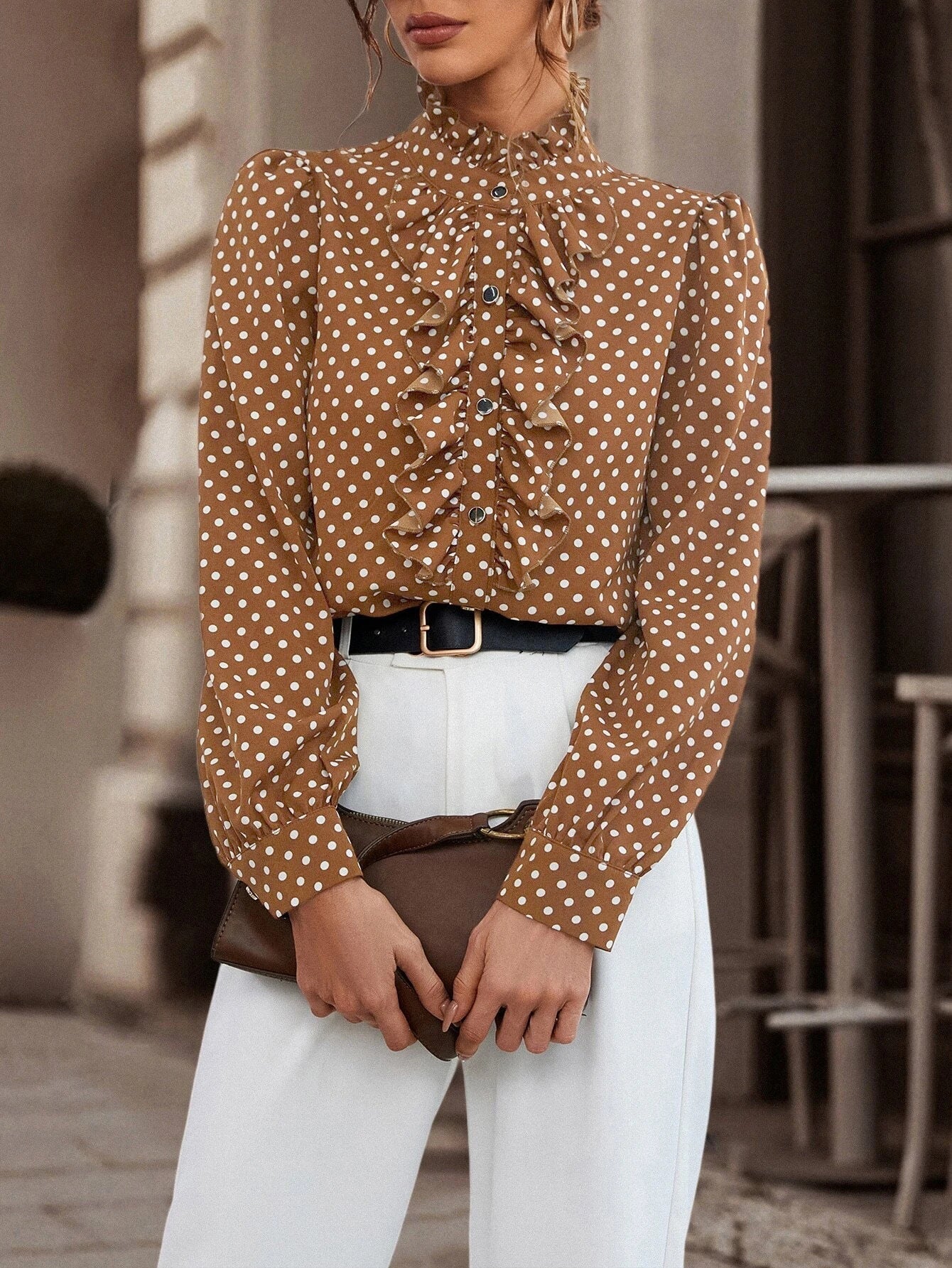 Women's brown high-neck blouse with ruffle front and long sleeves