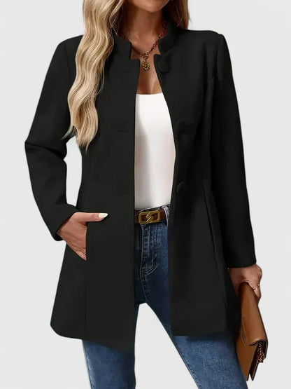 Women's Collarless Jacket – Elegant Button-Front Wool-Blend Jacket