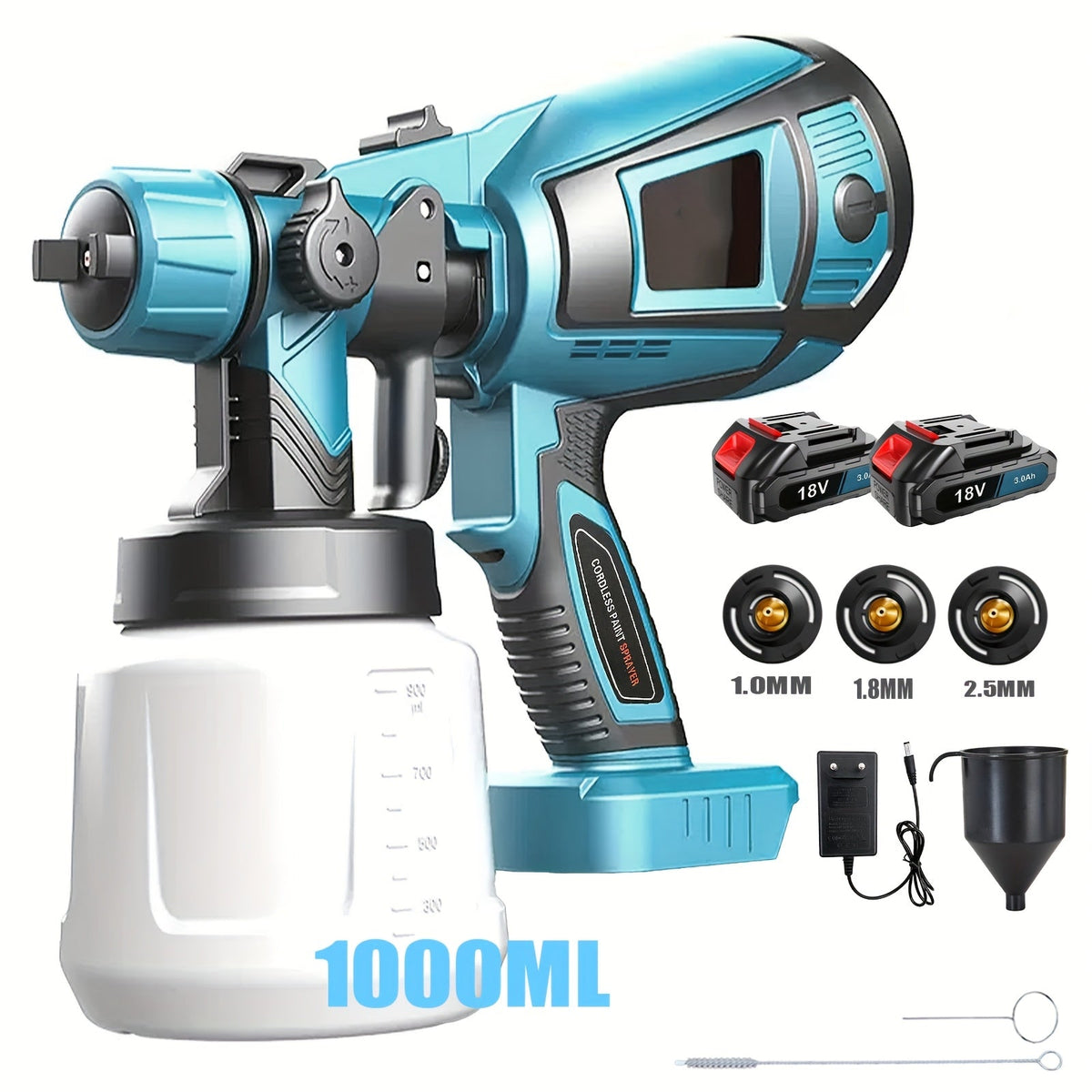 Cordless Paint Sprayer – 2 Batteries, 1000ml Detachable Tank