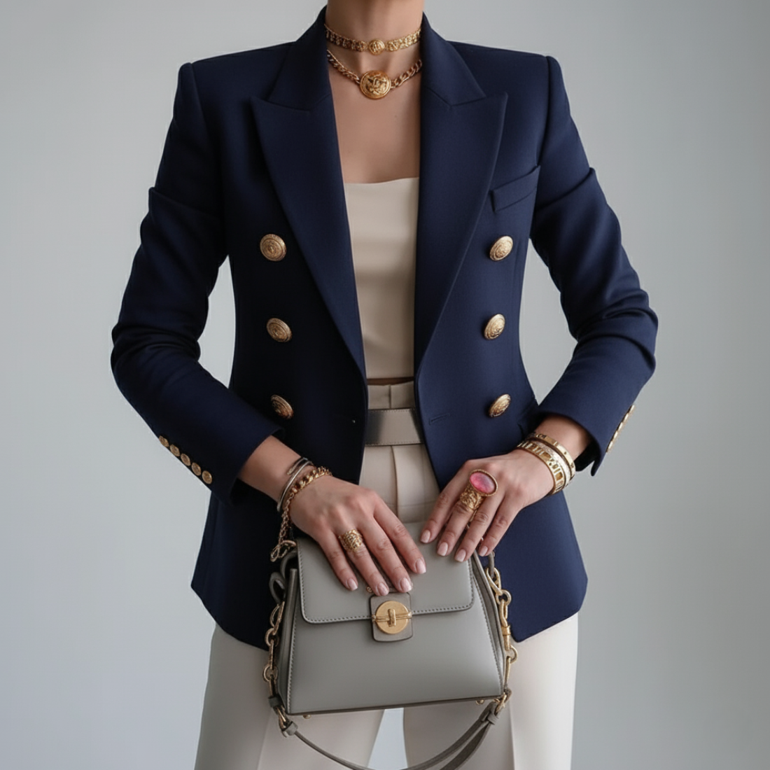 Women's double-breasted tailored blazer with notch lapels