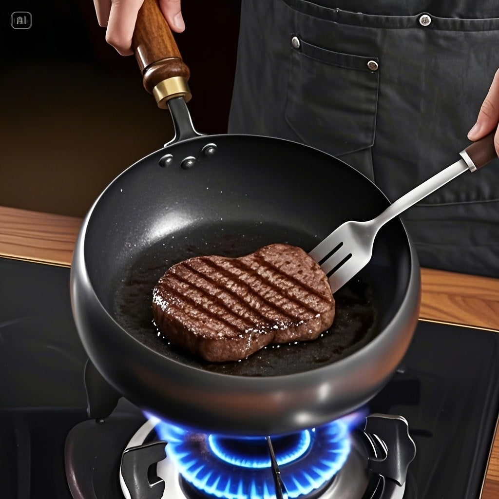 Cast Iron Pan – Durable Skillet with Wooden Handle & Lid
