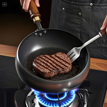 Cast Iron Pan – Durable Skillet with Wooden Handle & Lid