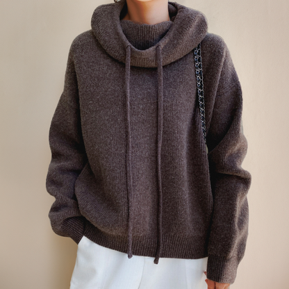 Women's oversized cotton hoodie jumper with high neck and drawstrings