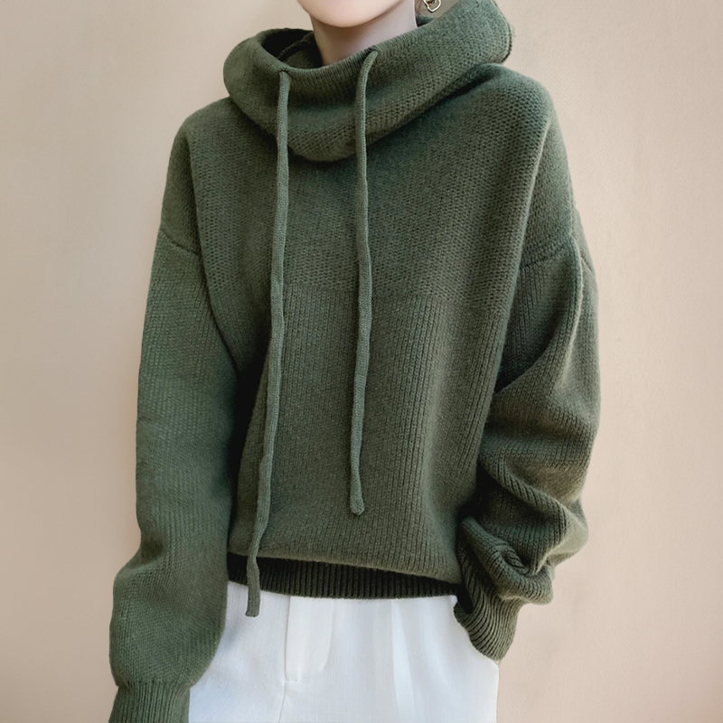 Women's oversized cotton hoodie jumper with high neck and drawstrings