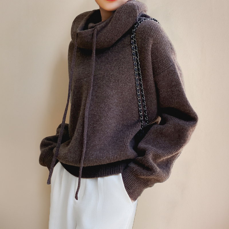 Women's oversized cotton hoodie jumper with high neck and drawstrings