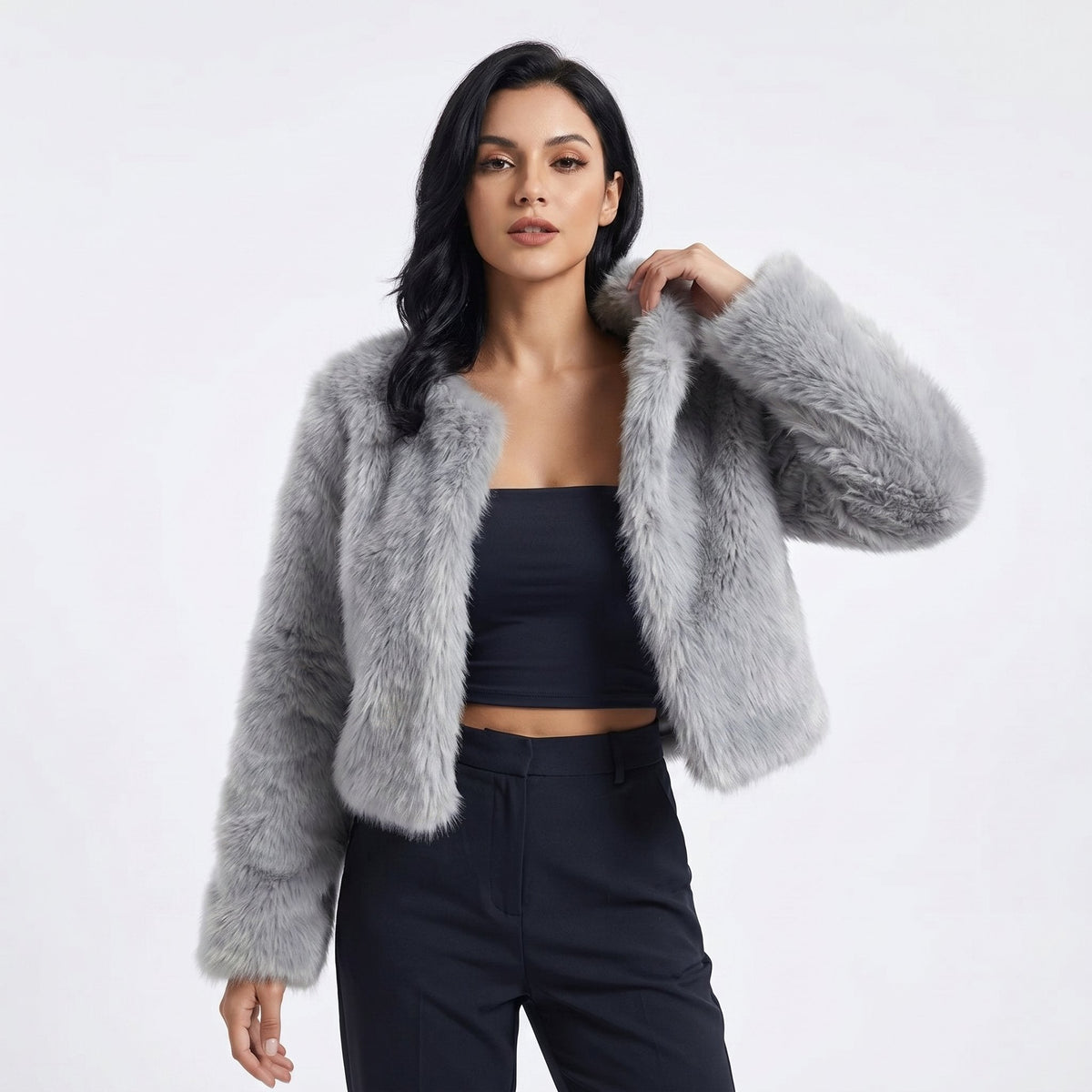 Women's grey short fluffy faux fur cardigan jacket