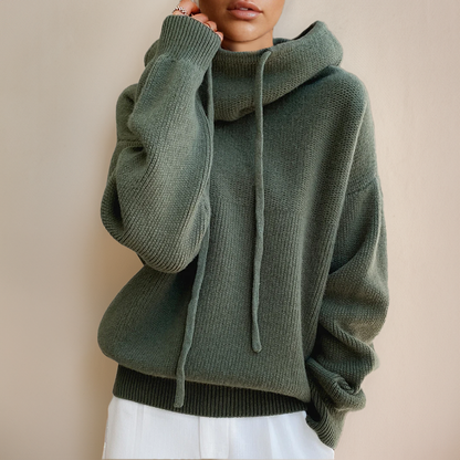 Women's oversized cotton hoodie jumper with high neck and drawstrings