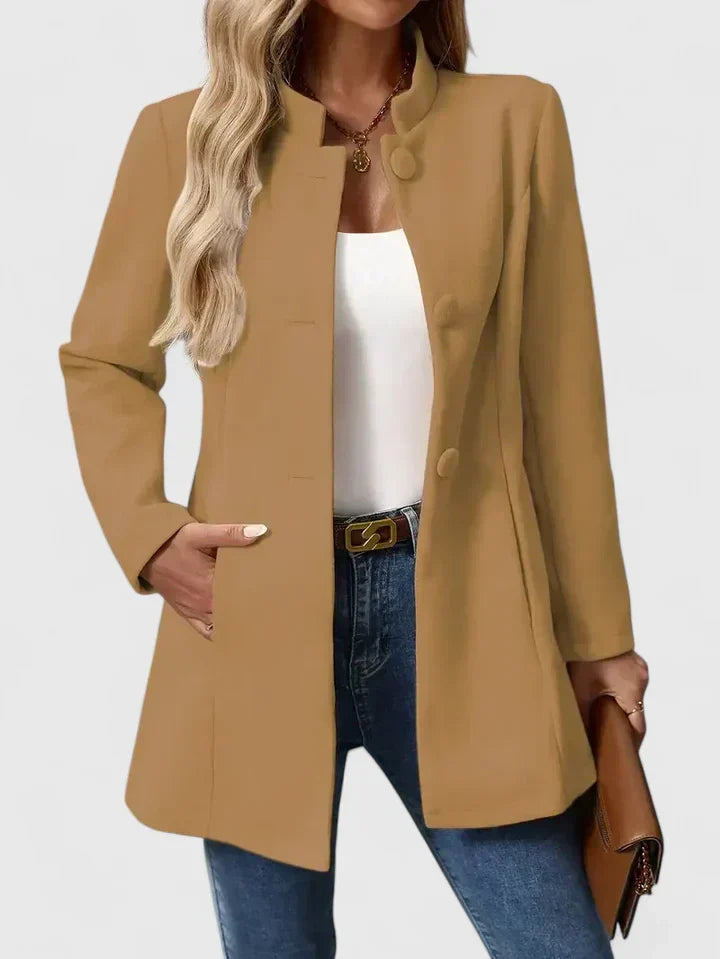 Women's Collarless Jacket – Elegant Button-Front Wool-Blend Jacket