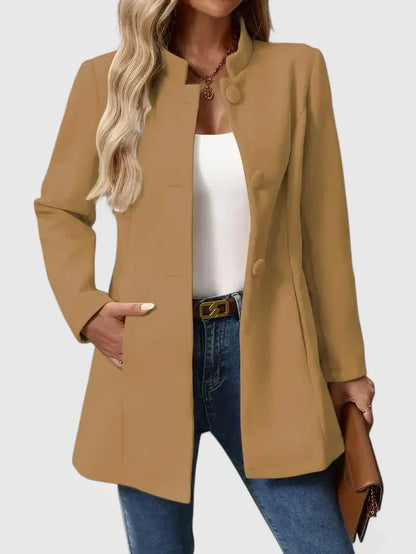 Women's Collarless Jacket – Elegant Button-Front Wool-Blend Jacket