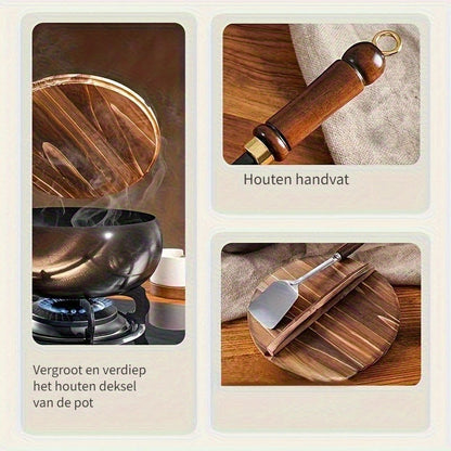 Cast Iron Pan – Durable Skillet with Wooden Handle & Lid