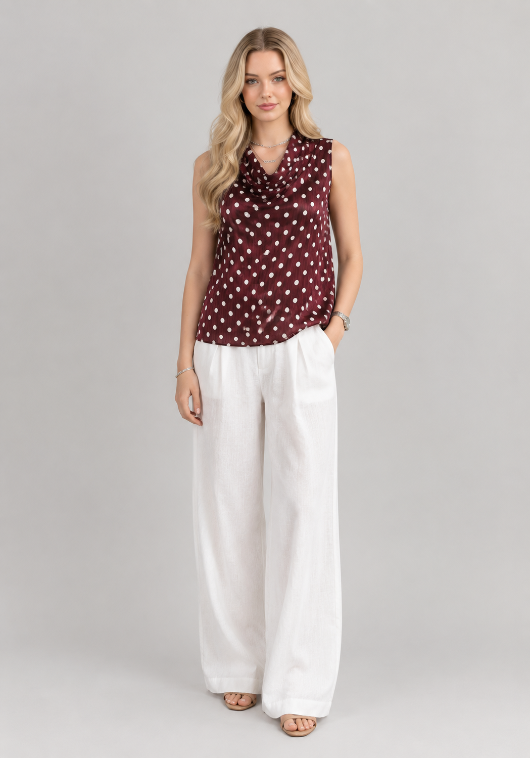 Women’s Sleeveless Blouse Polka Dot Brown O Neck Vintage Style