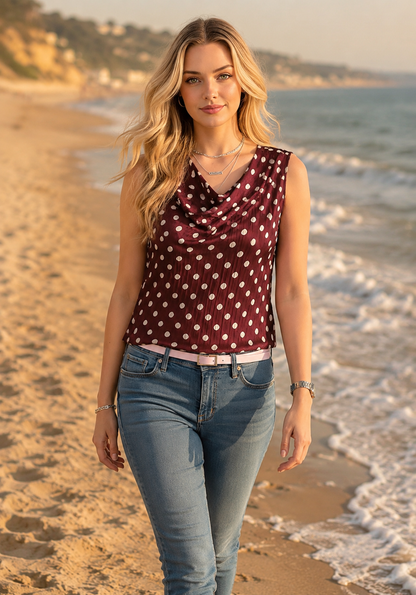 Women’s Sleeveless Blouse Polka Dot Brown O Neck Vintage Style
