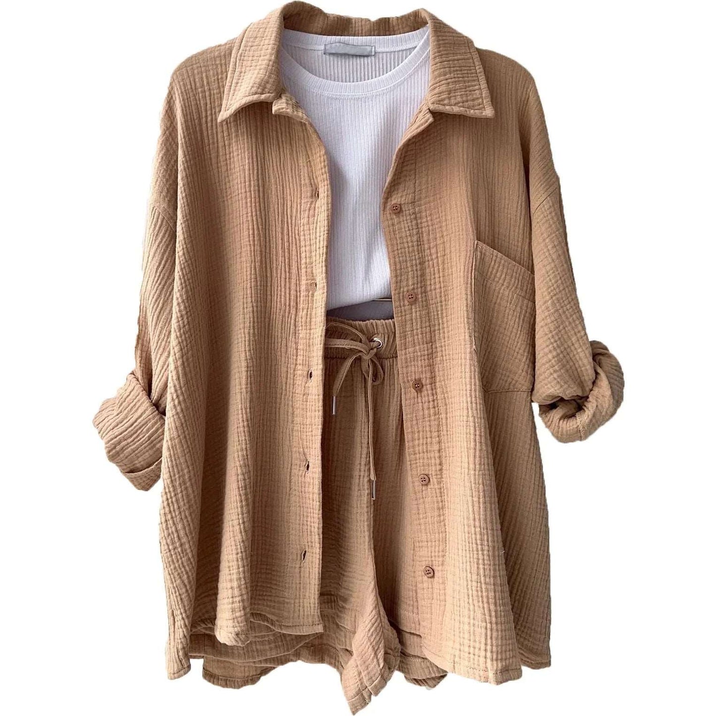 Women's summer suit set with long-sleeve shirt and cropped trousers