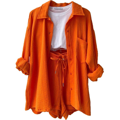 Women's summer suit set with long-sleeve shirt and cropped trousers
