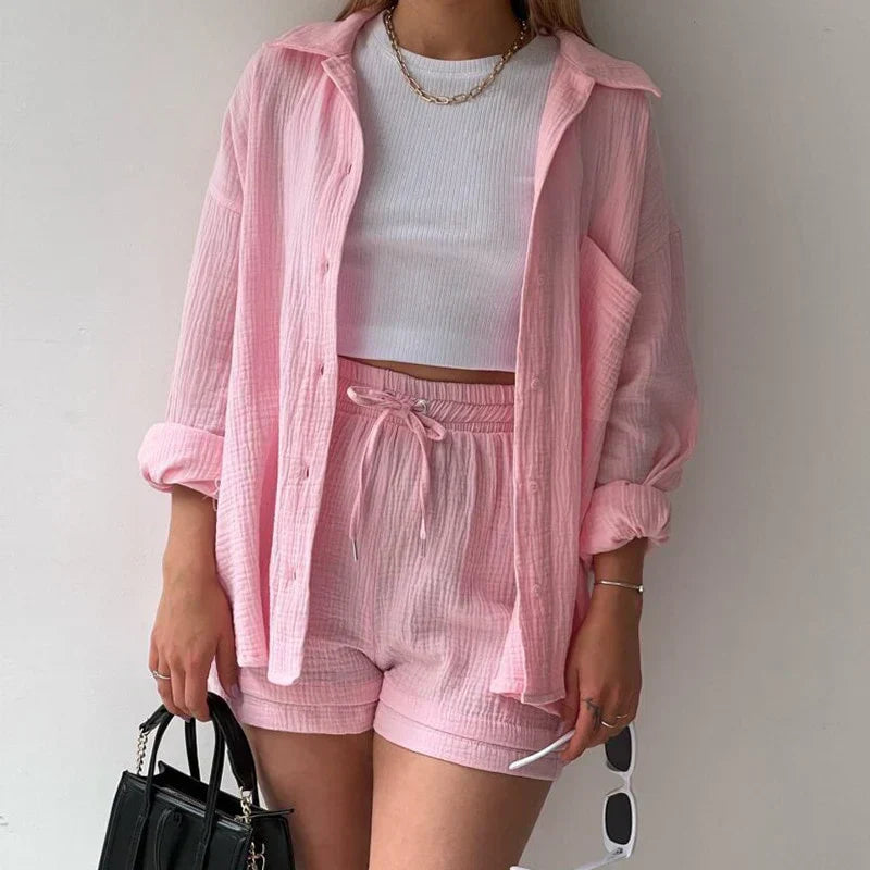 Women's summer suit set with long-sleeve shirt and cropped trousers
