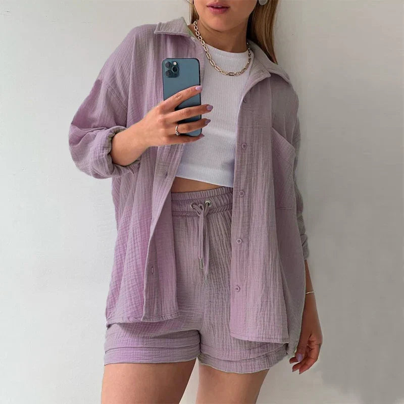 Women's summer suit set with long-sleeve shirt and cropped trousers