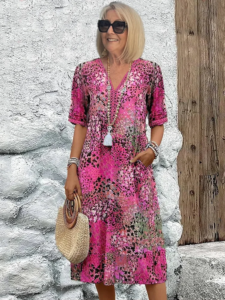 Women's colourful midi dress with pockets - back
