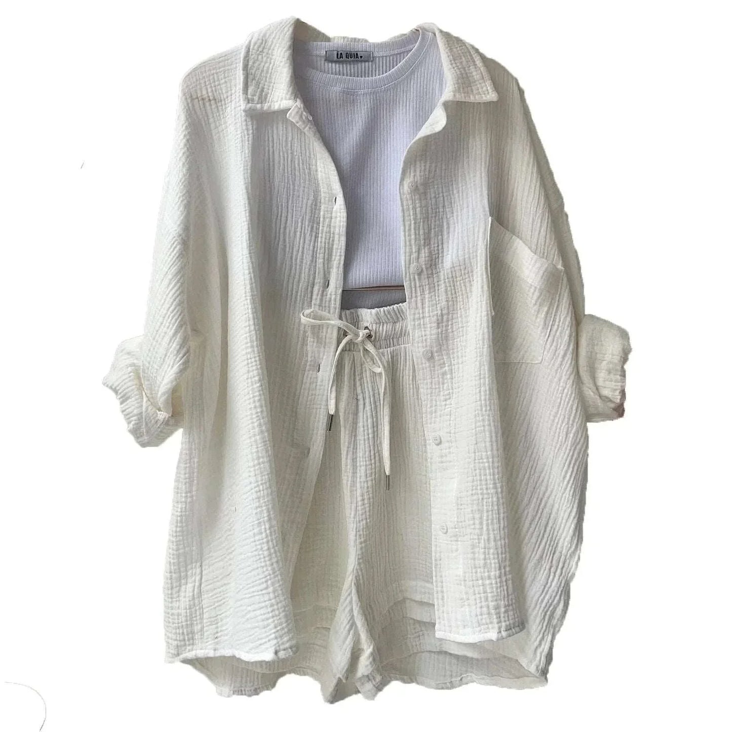 Women's summer suit set with long-sleeve shirt and cropped trousers