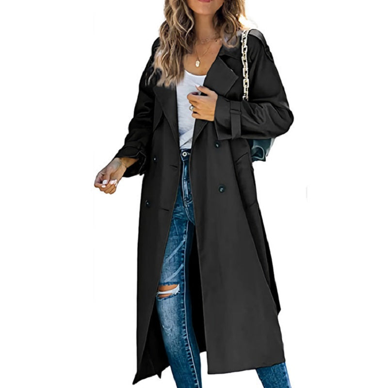 Women's black long classic belted trench coat
