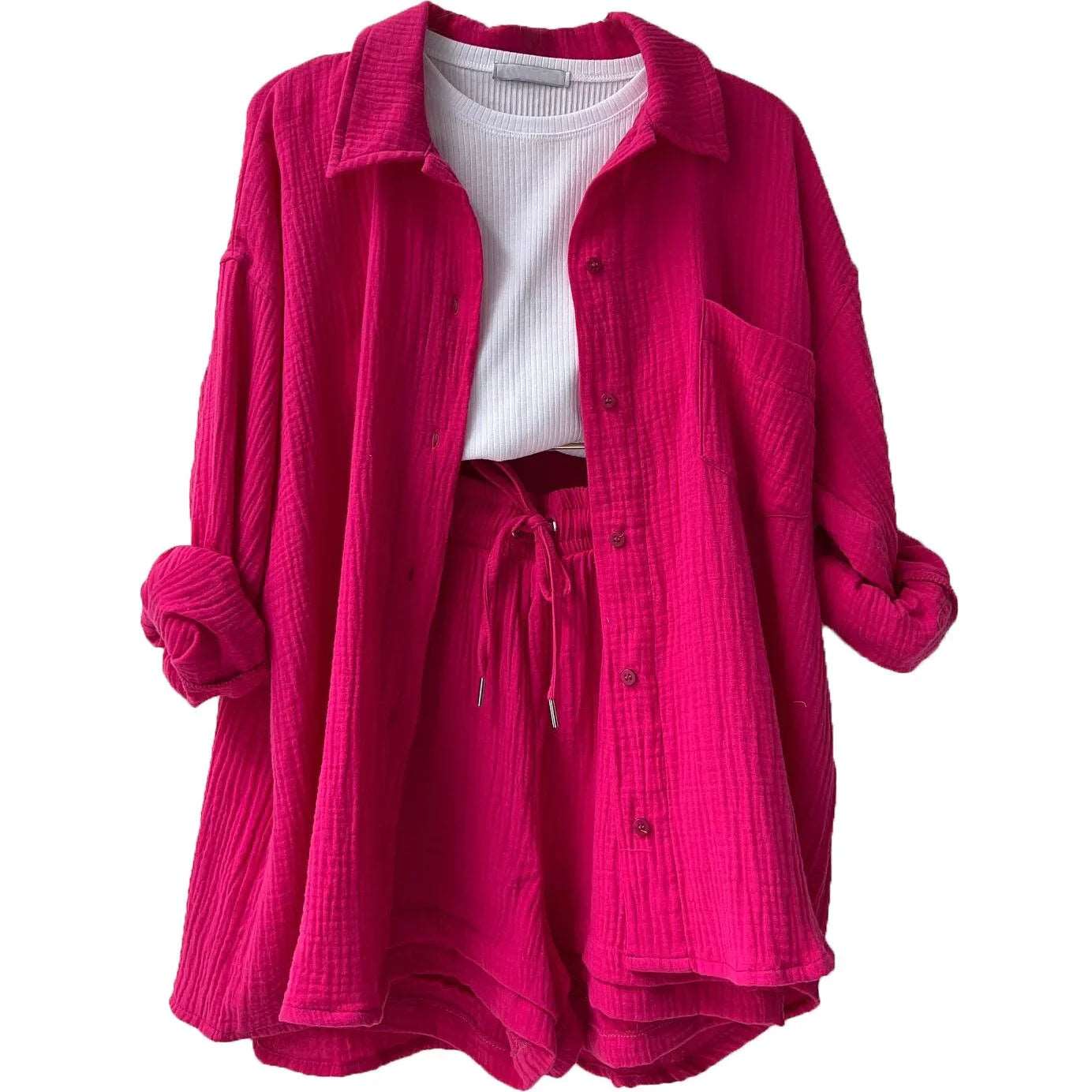 Women's summer suit set with long-sleeve shirt and cropped trousers