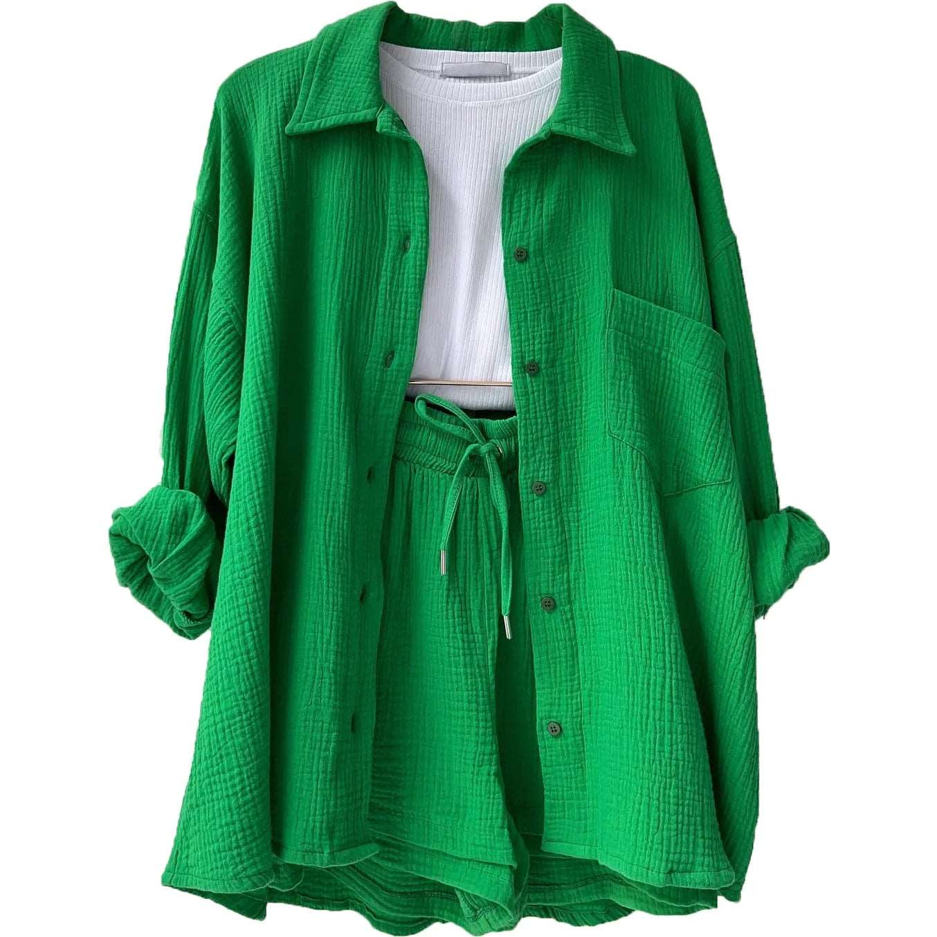 Women's summer suit set with long-sleeve shirt and cropped trousers