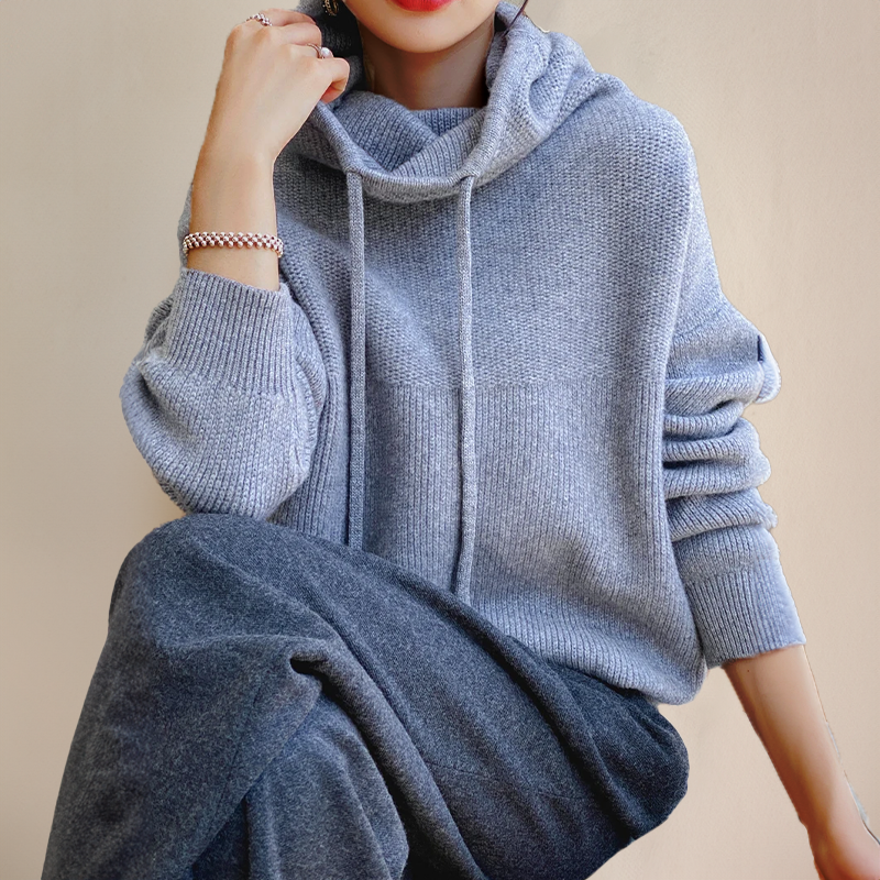 Women's oversized cotton hoodie jumper with high neck and drawstrings
