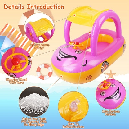 Inflatable kids boat pool float with sunshade