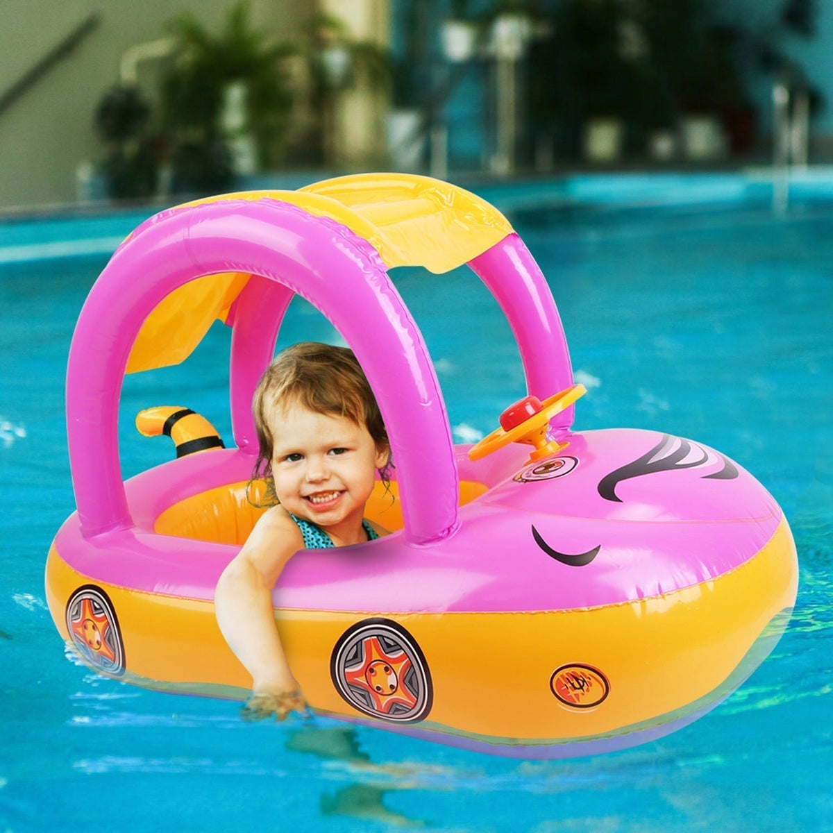 Inflatable kids boat pool float with sunshade