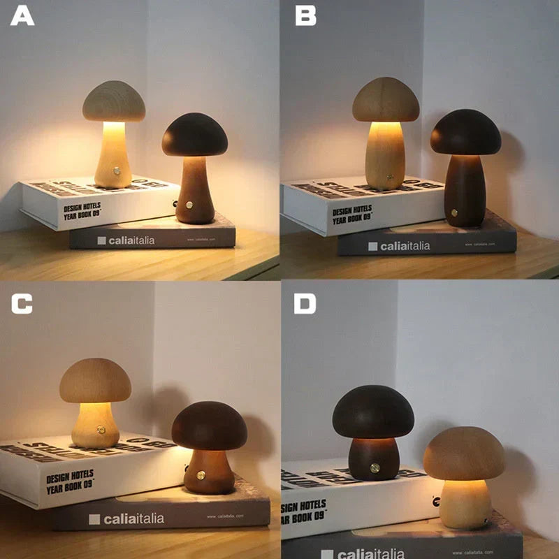 Wooden mushroom LED touch table lamp
