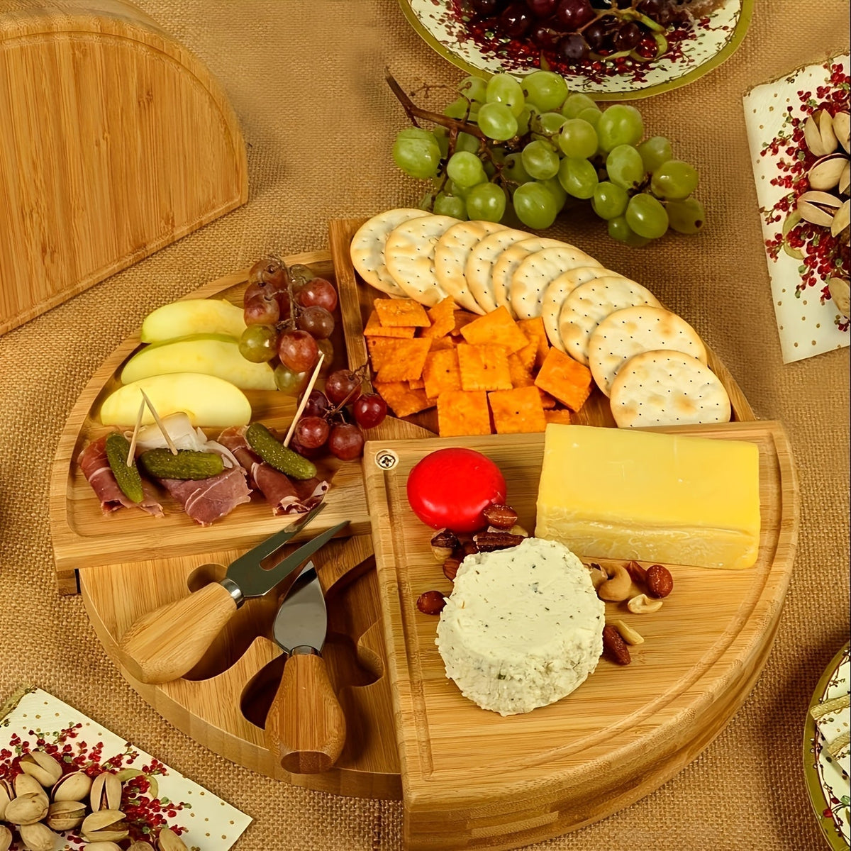 Bamboo cheese and snack board set with knives