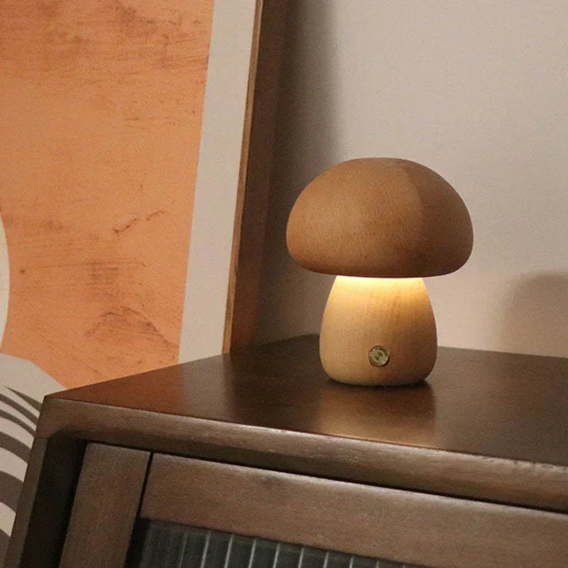 Wooden mushroom LED touch table lamp