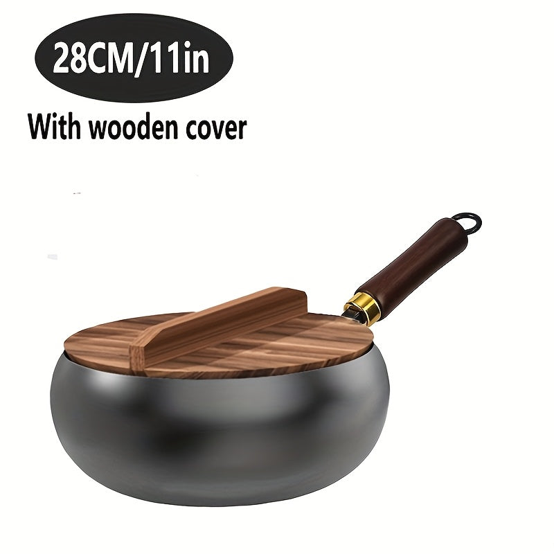 Cast iron pan with wooden handle and lid