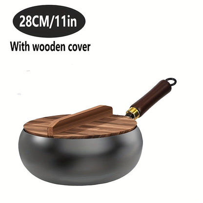Cast iron pan with wooden handle and lid